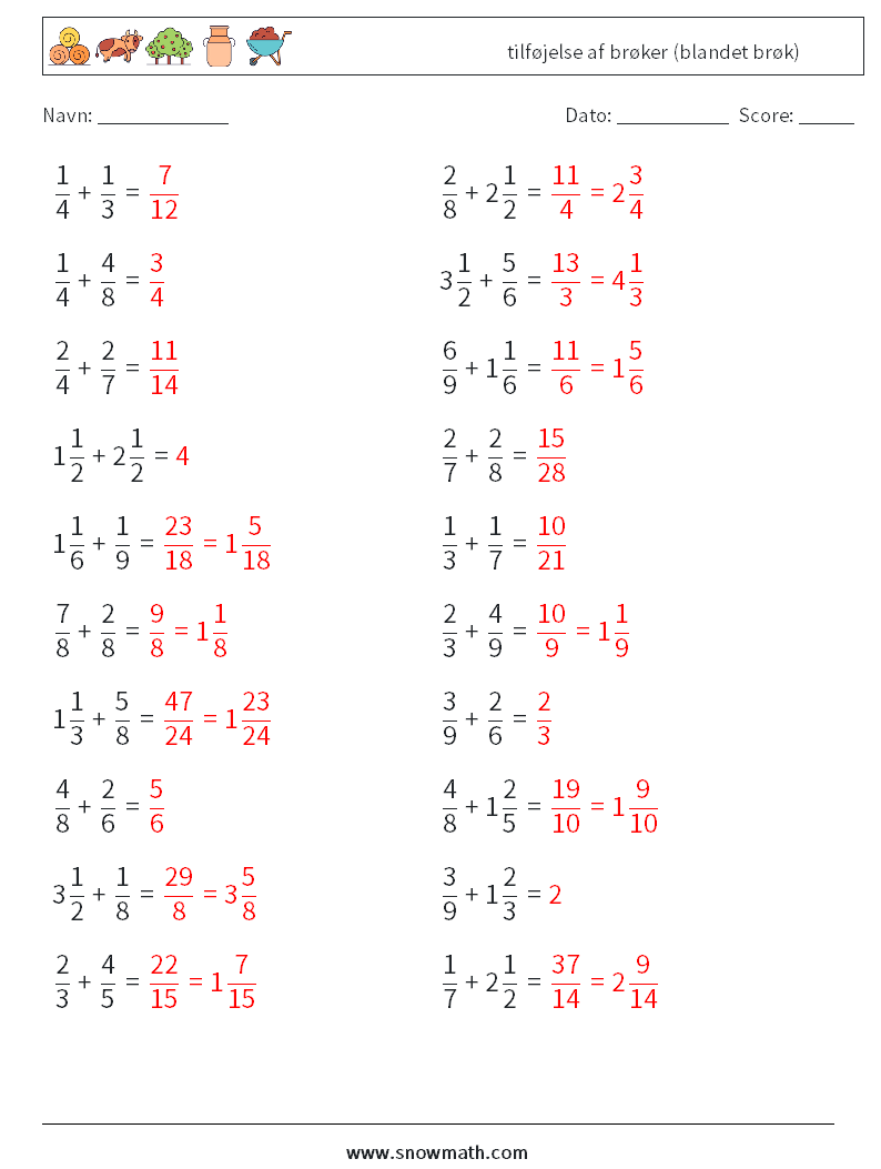 (20) tilføjelse af brøker (blandet brøk) Matematiske regneark 16 Spørgsmål, svar