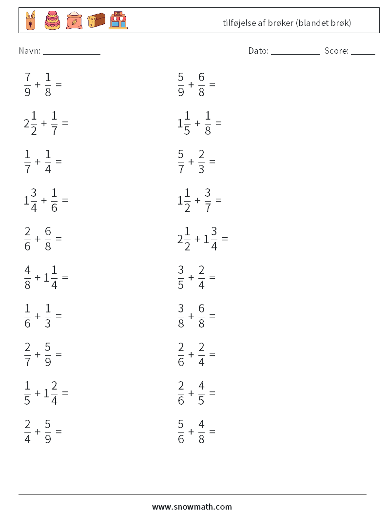 (20) tilføjelse af brøker (blandet brøk) Matematiske regneark 17