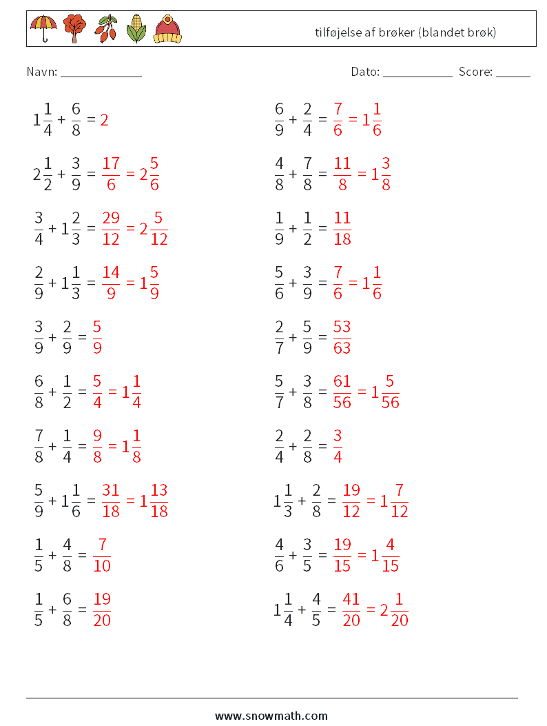 (20) tilføjelse af brøker (blandet brøk) Matematiske regneark 18 Spørgsmål, svar