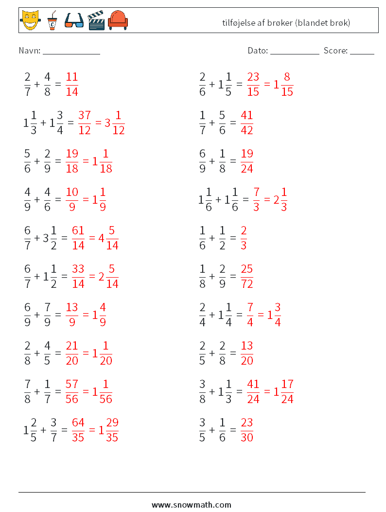 (20) tilføjelse af brøker (blandet brøk) Matematiske regneark 2 Spørgsmål, svar
