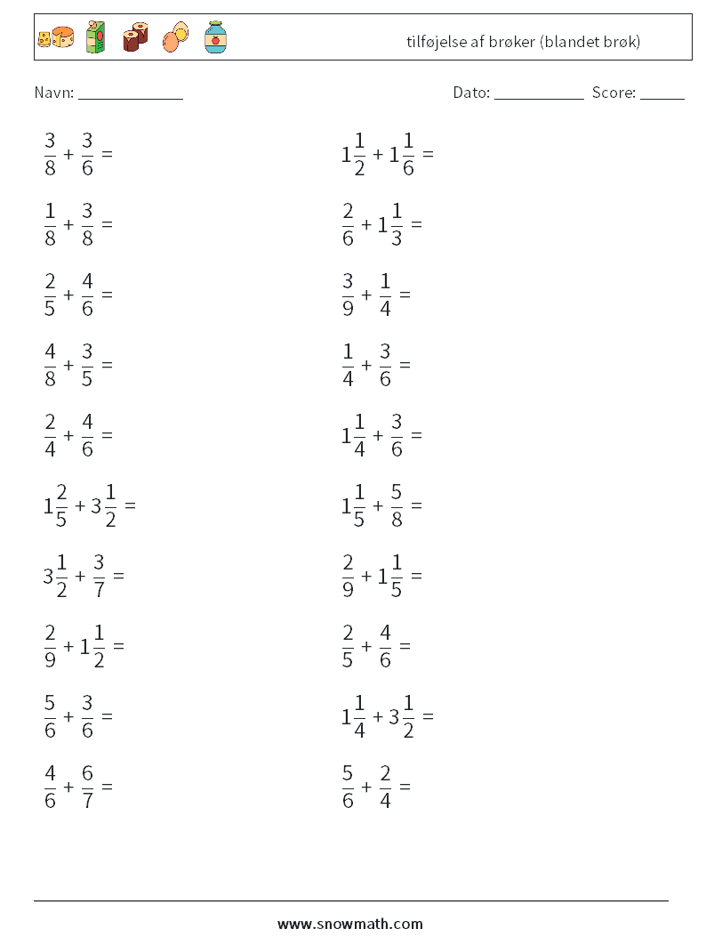 (20) tilføjelse af brøker (blandet brøk) Matematiske regneark 3