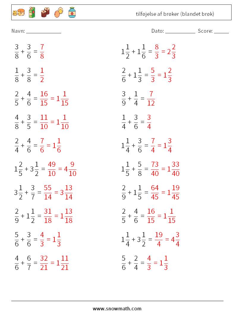 (20) tilføjelse af brøker (blandet brøk) Matematiske regneark 3 Spørgsmål, svar