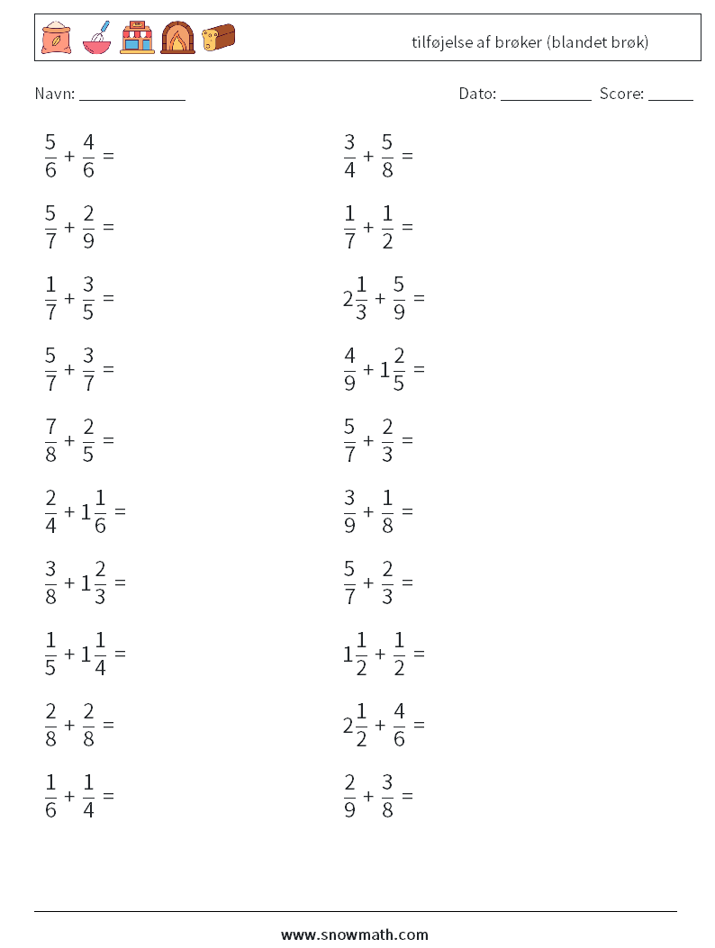 (20) tilføjelse af brøker (blandet brøk) Matematiske regneark 5