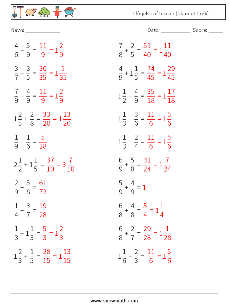 (20) tilføjelse af brøker (blandet brøk) Matematiske regneark 6 Spørgsmål, svar