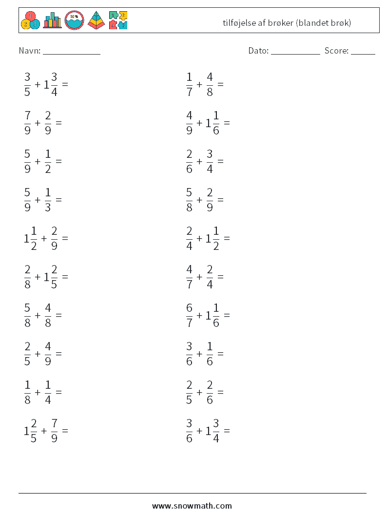 (20) tilføjelse af brøker (blandet brøk) Matematiske regneark 7