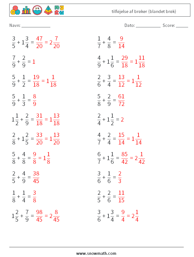 (20) tilføjelse af brøker (blandet brøk) Matematiske regneark 7 Spørgsmål, svar