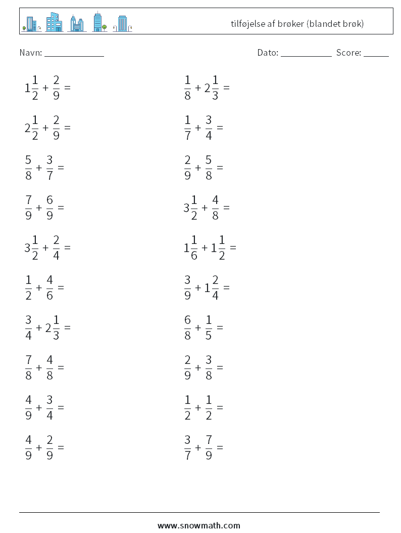 (20) tilføjelse af brøker (blandet brøk) Matematiske regneark 8