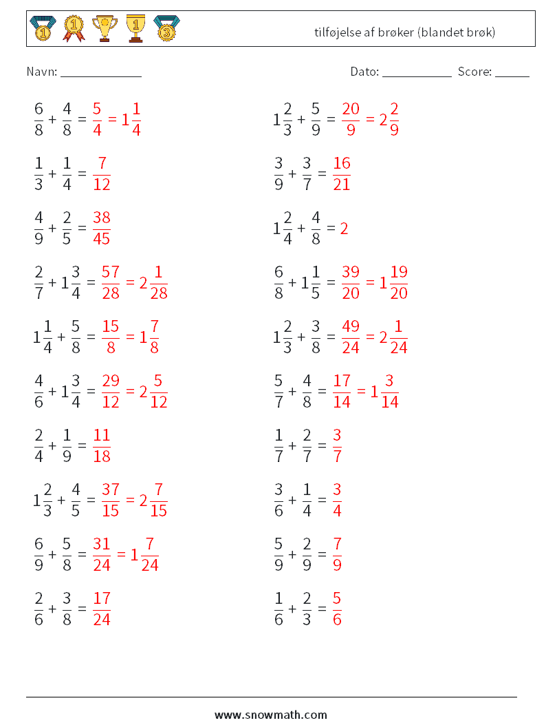 (20) tilføjelse af brøker (blandet brøk) Matematiske regneark 9 Spørgsmål, svar
