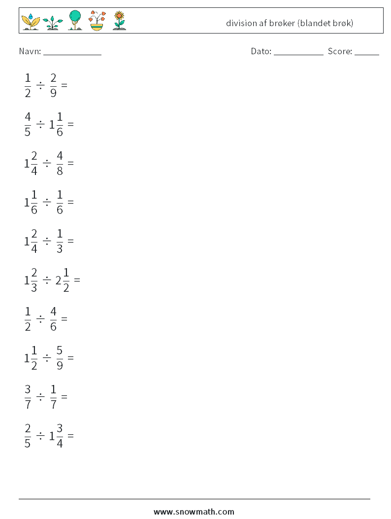 (10) division af brøker (blandet brøk) Matematiske regneark 1