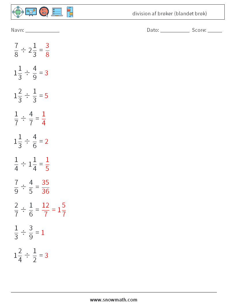 (10) division af brøker (blandet brøk) Matematiske regneark 13 Spørgsmål, svar