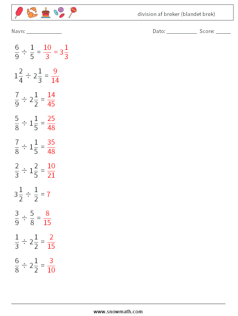 (10) division af brøker (blandet brøk) Matematiske regneark 2 Spørgsmål, svar