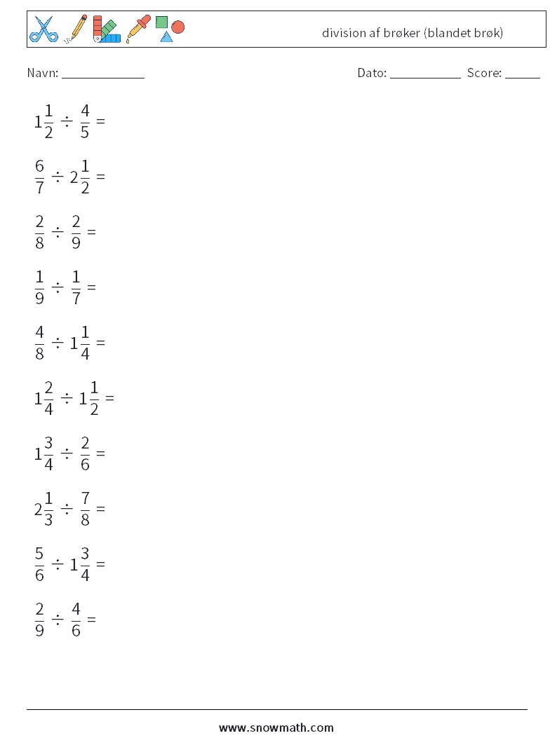 (10) division af brøker (blandet brøk) Matematiske regneark 3