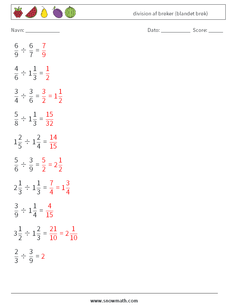 (10) division af brøker (blandet brøk) Matematiske regneark 5 Spørgsmål, svar