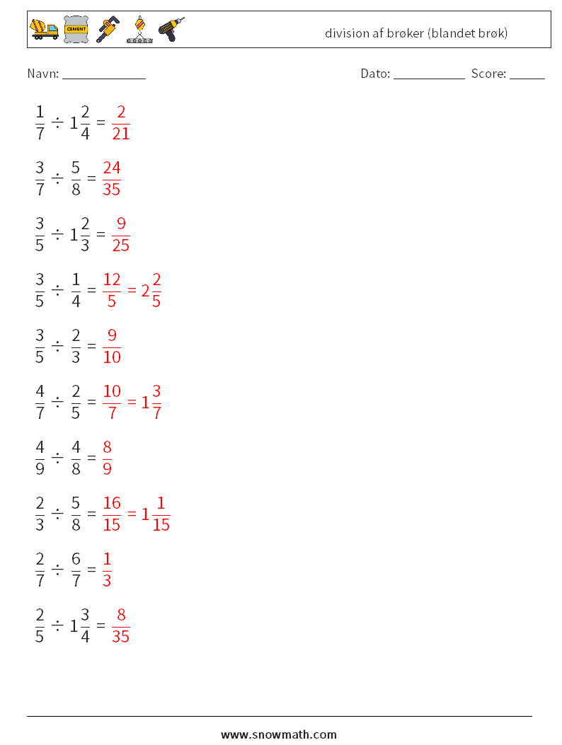 (10) division af brøker (blandet brøk) Matematiske regneark 6 Spørgsmål, svar