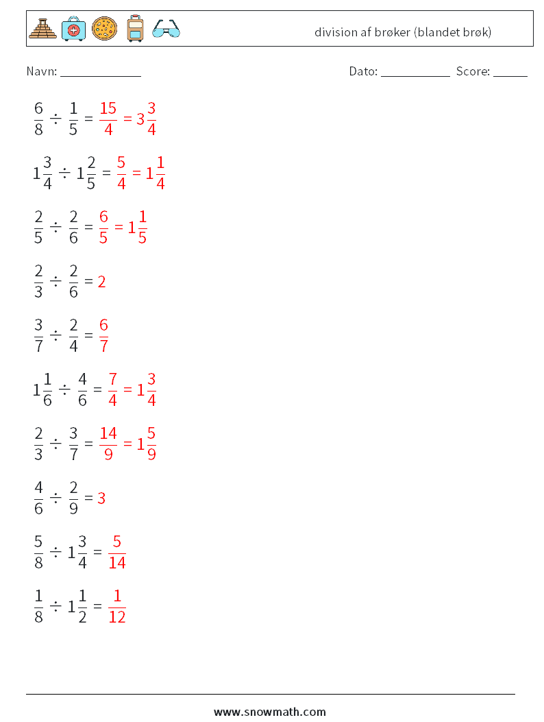 (10) division af brøker (blandet brøk) Matematiske regneark 7 Spørgsmål, svar