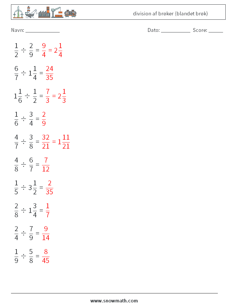 (10) division af brøker (blandet brøk) Matematiske regneark 8 Spørgsmål, svar