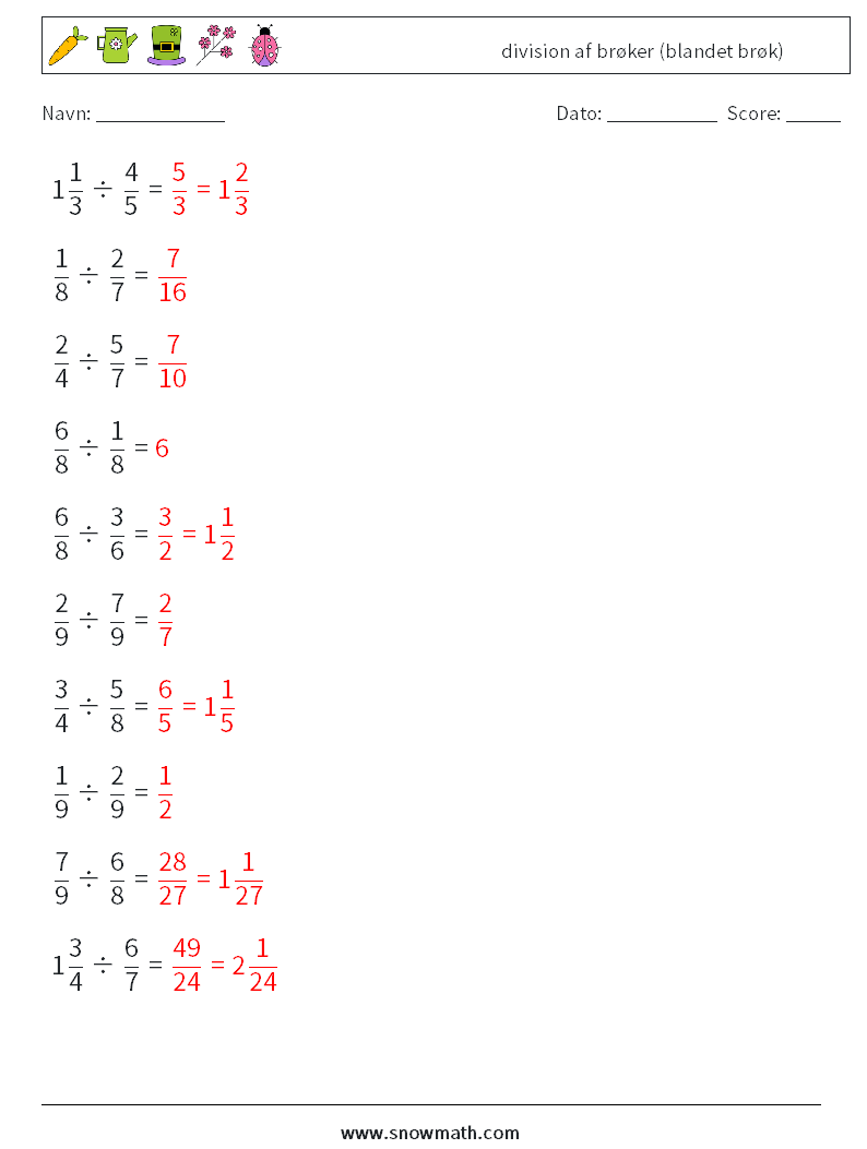 (10) division af brøker (blandet brøk) Matematiske regneark 9 Spørgsmål, svar