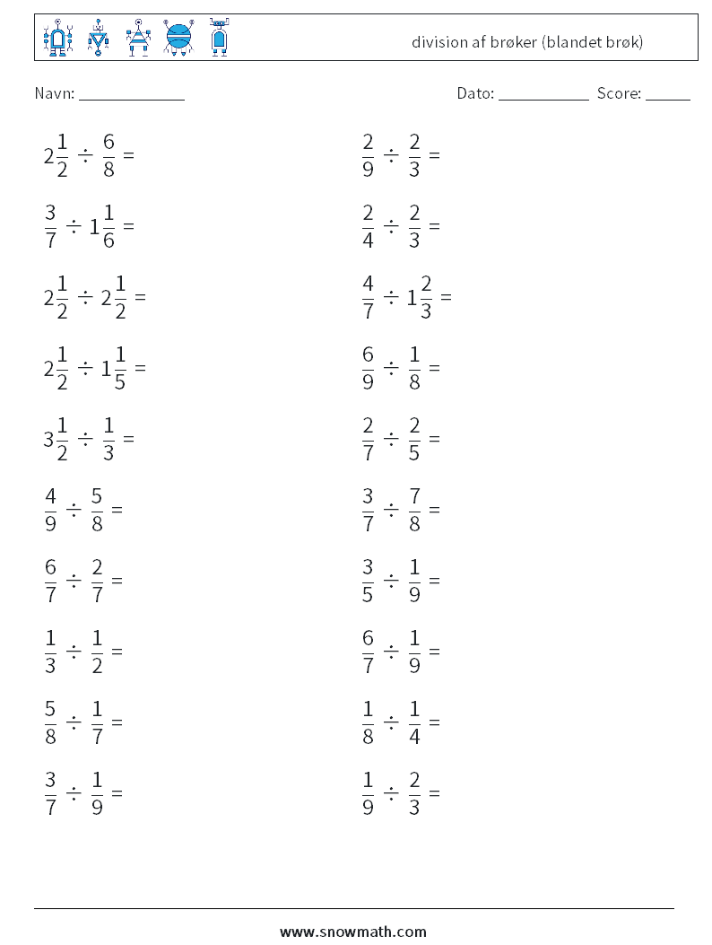 (20) division af brøker (blandet brøk) Matematiske regneark 1