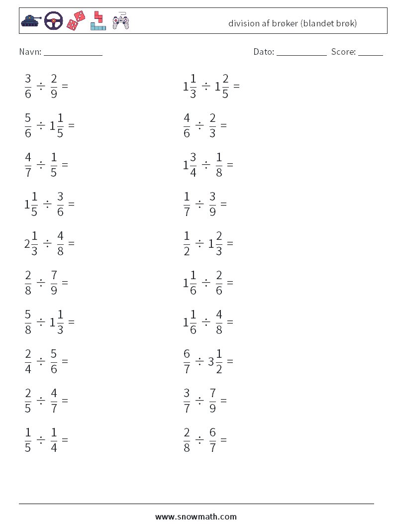 (20) division af brøker (blandet brøk) Matematiske regneark 10