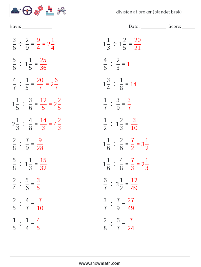 (20) division af brøker (blandet brøk) Matematiske regneark 10 Spørgsmål, svar
