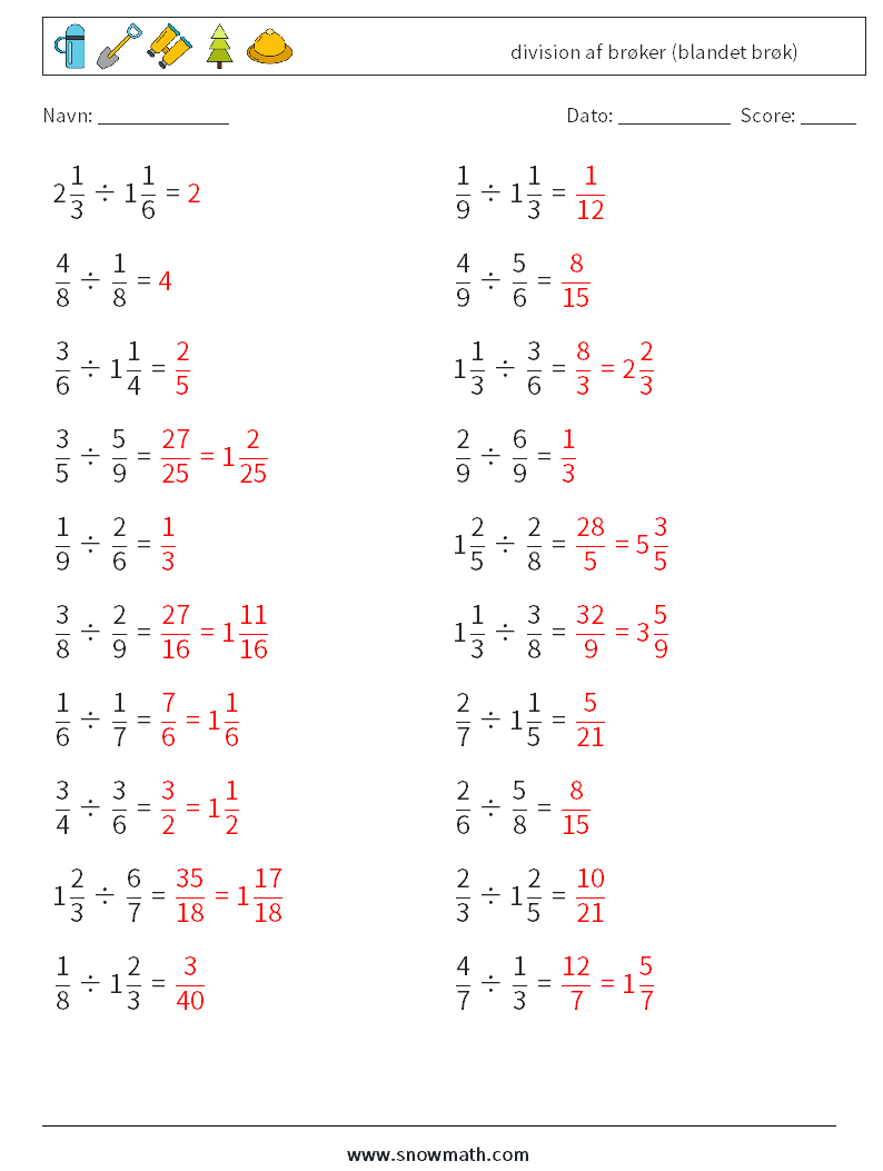 (20) division af brøker (blandet brøk) Matematiske regneark 11 Spørgsmål, svar