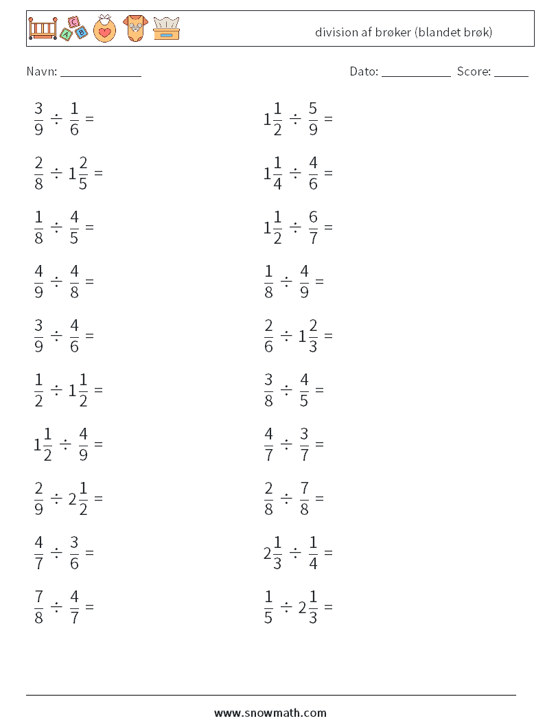 (20) division af brøker (blandet brøk) Matematiske regneark 12