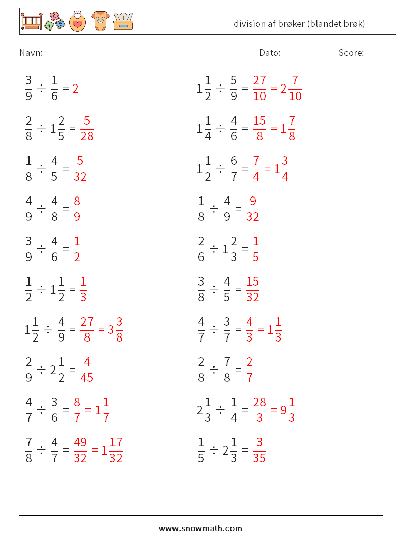 (20) division af brøker (blandet brøk) Matematiske regneark 12 Spørgsmål, svar