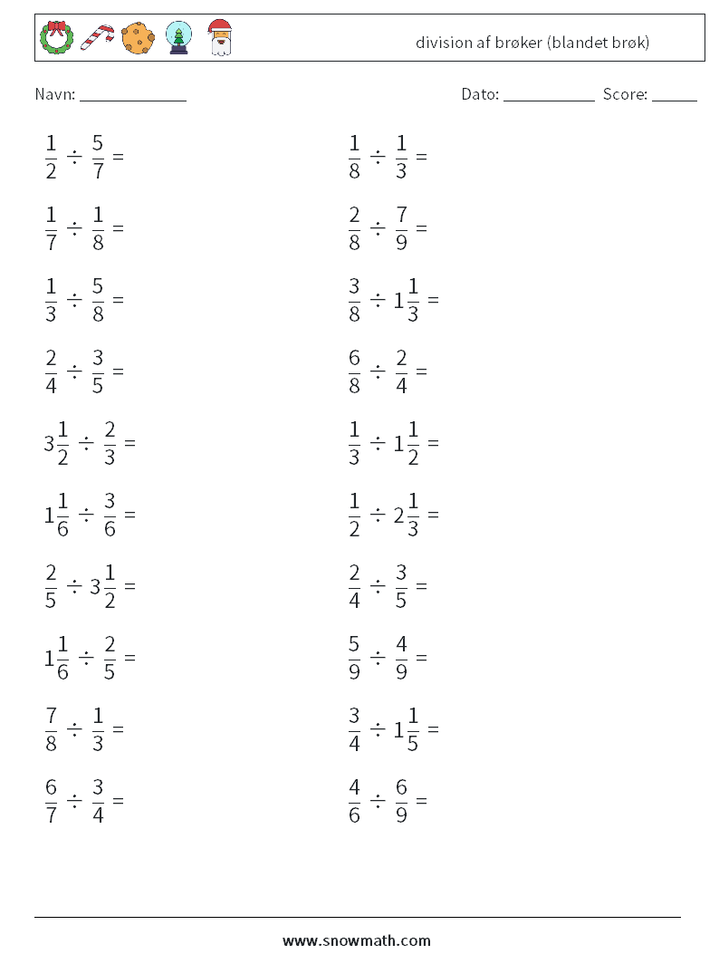 (20) division af brøker (blandet brøk) Matematiske regneark 13