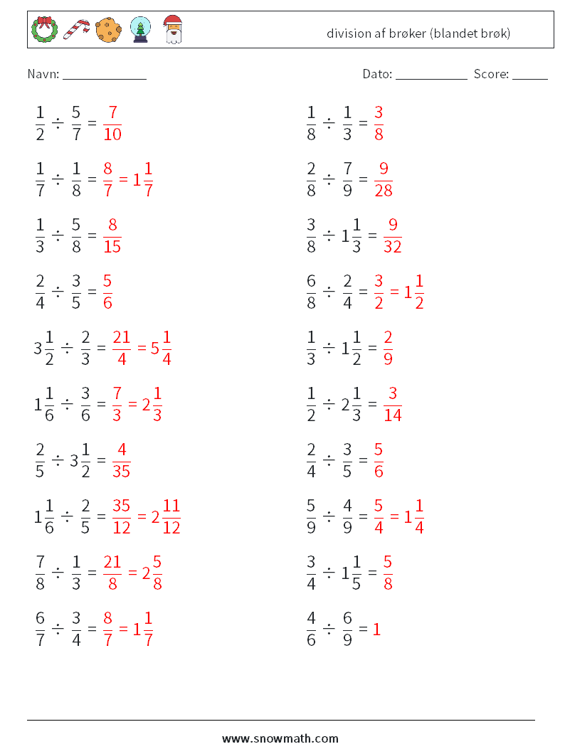(20) division af brøker (blandet brøk) Matematiske regneark 13 Spørgsmål, svar