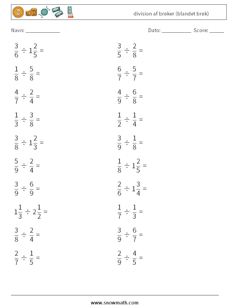 (20) division af brøker (blandet brøk) Matematiske regneark 14