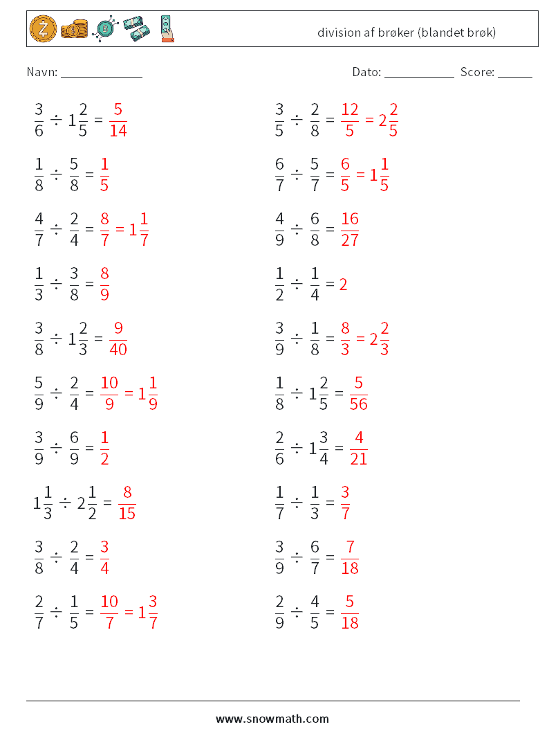 (20) division af brøker (blandet brøk) Matematiske regneark 14 Spørgsmål, svar