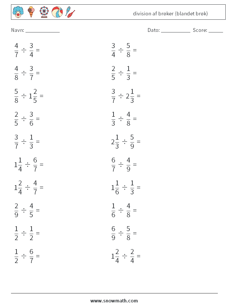 (20) division af brøker (blandet brøk) Matematiske regneark 15