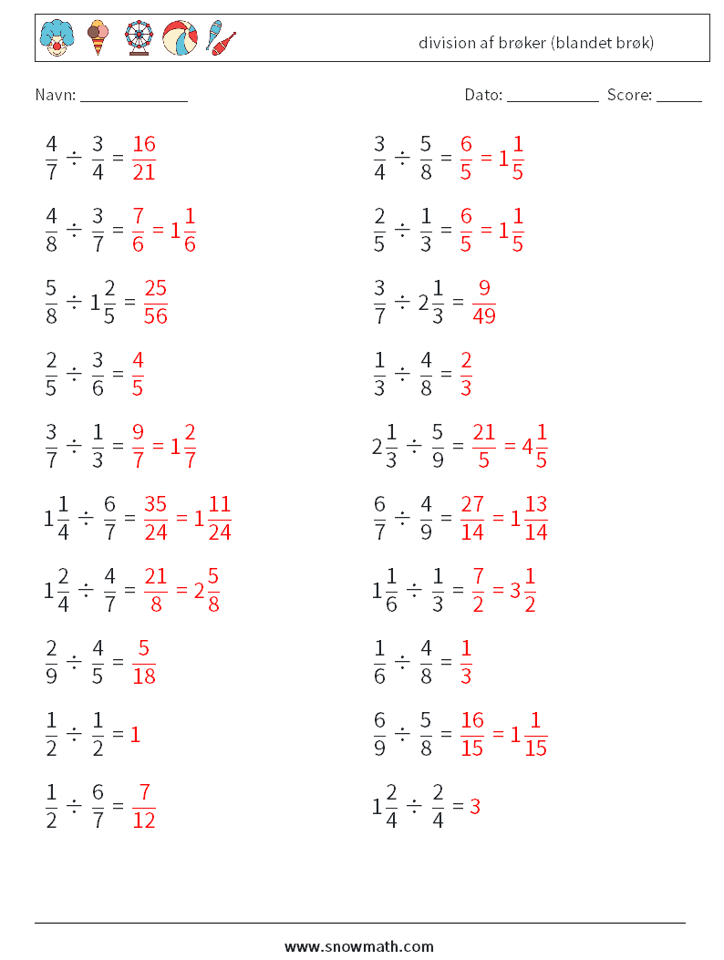 (20) division af brøker (blandet brøk) Matematiske regneark 15 Spørgsmål, svar