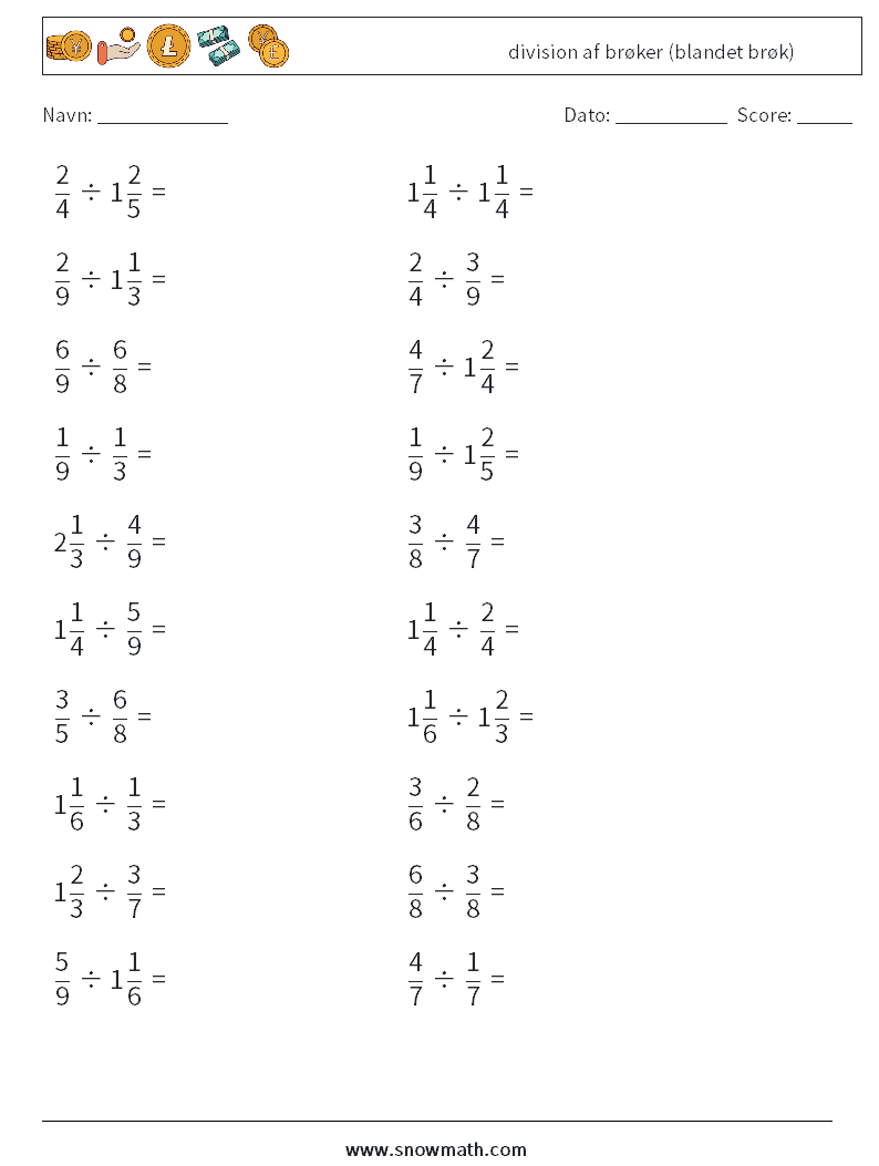 (20) division af brøker (blandet brøk) Matematiske regneark 16