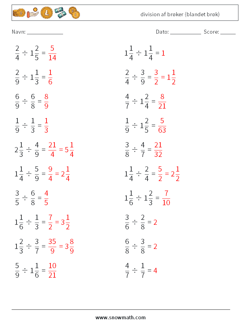(20) division af brøker (blandet brøk) Matematiske regneark 16 Spørgsmål, svar