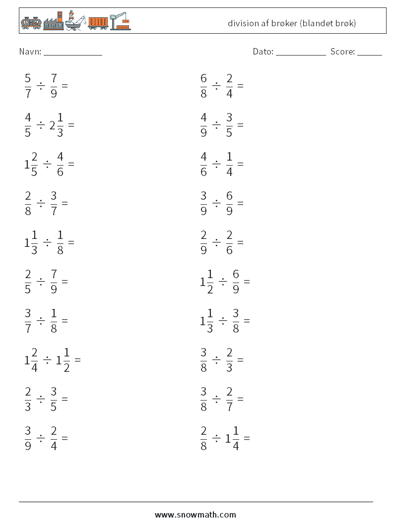 (20) division af brøker (blandet brøk) Matematiske regneark 17