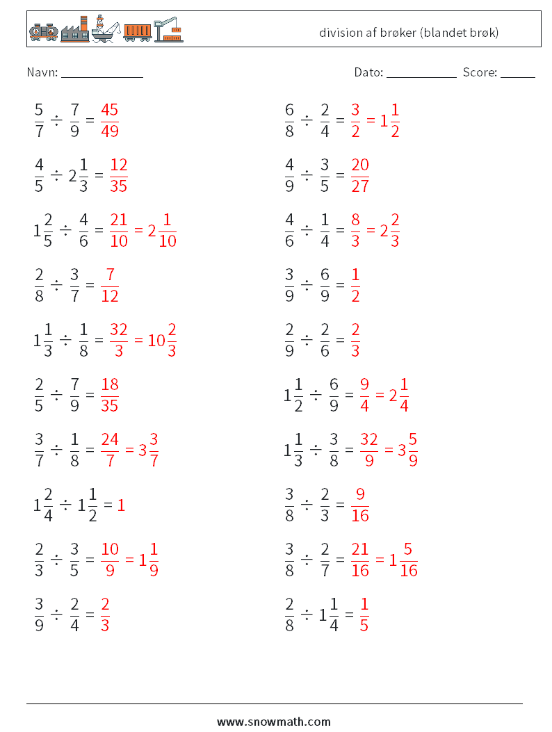 (20) division af brøker (blandet brøk) Matematiske regneark 17 Spørgsmål, svar