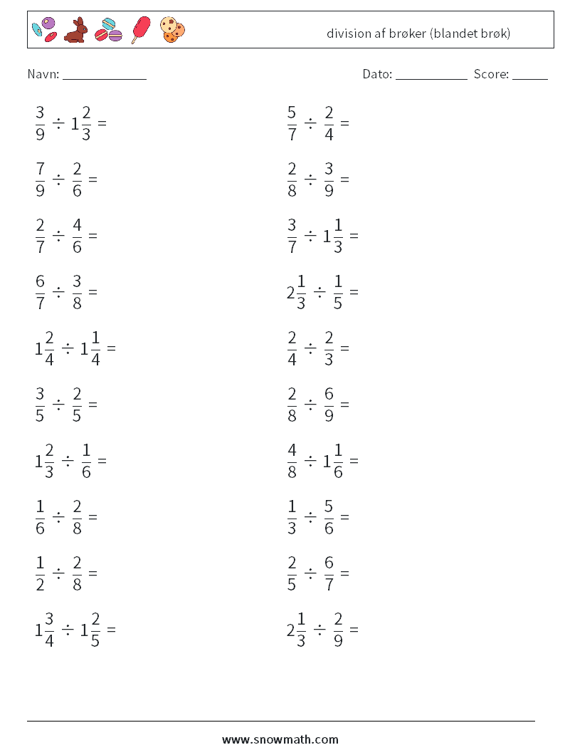 (20) division af brøker (blandet brøk) Matematiske regneark 18