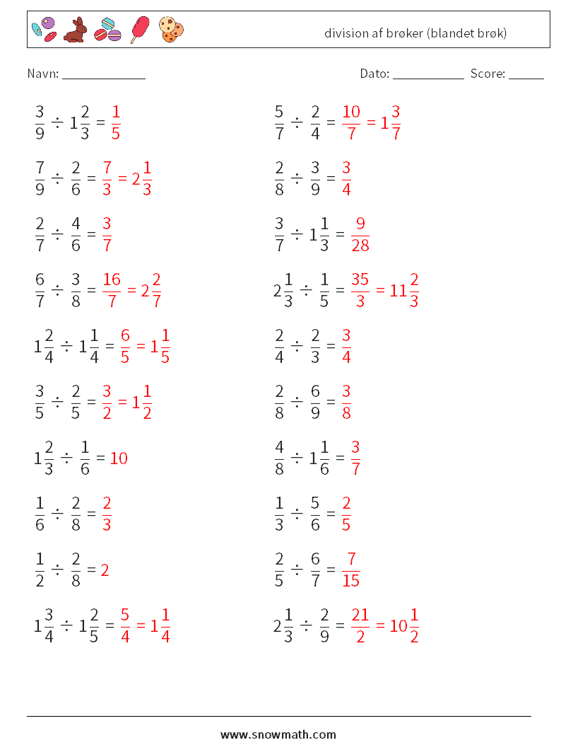 (20) division af brøker (blandet brøk) Matematiske regneark 18 Spørgsmål, svar