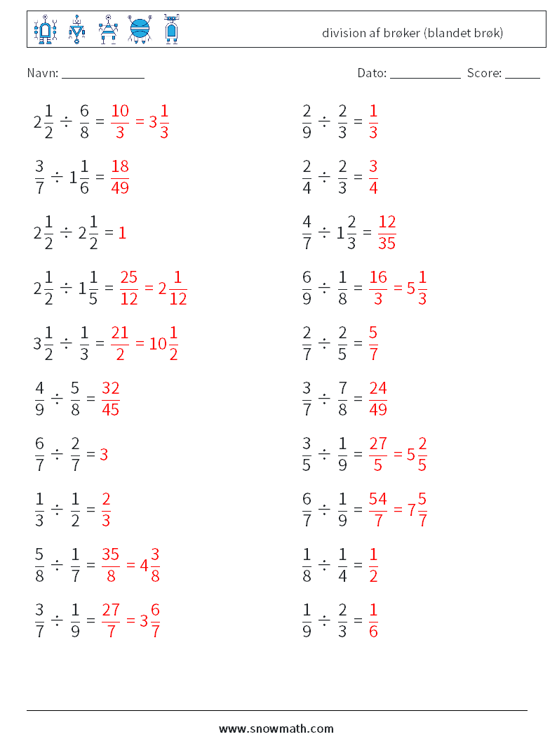 (20) division af brøker (blandet brøk) Matematiske regneark 1 Spørgsmål, svar