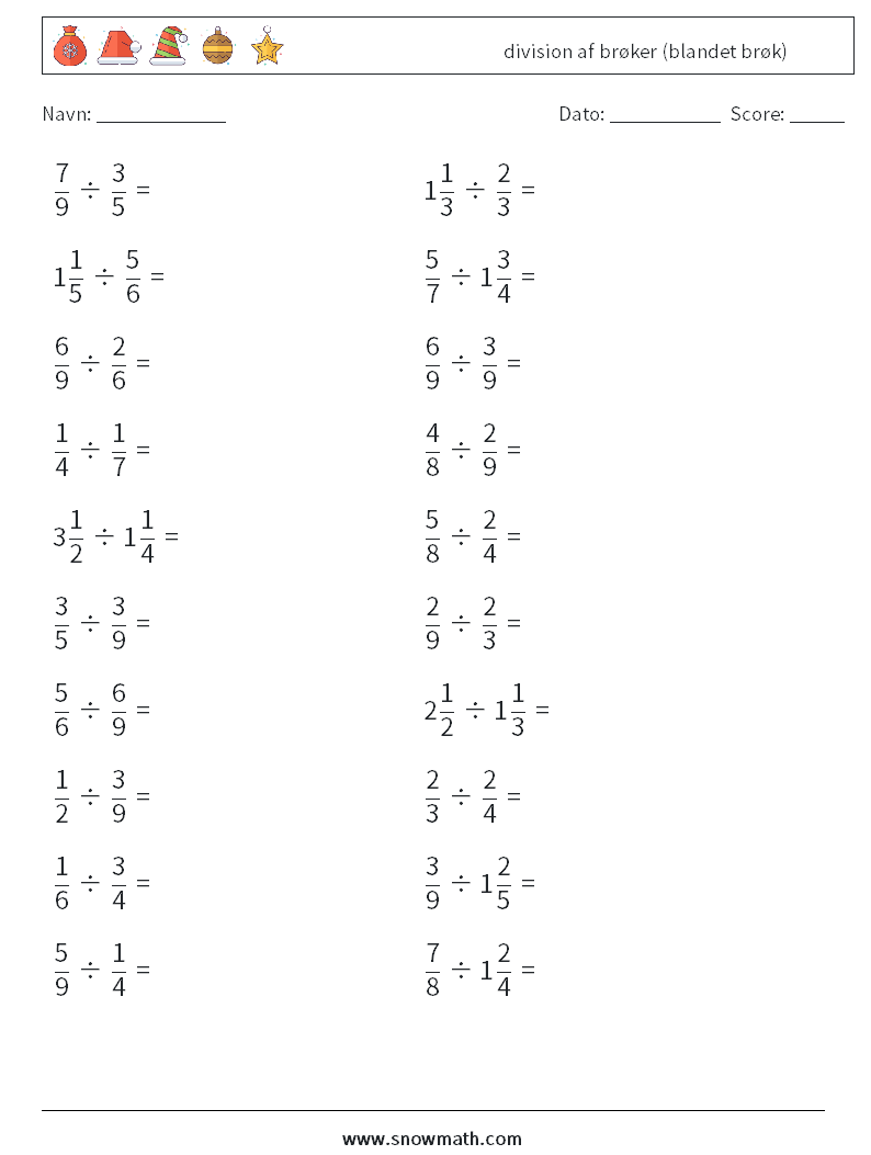 (20) division af brøker (blandet brøk) Matematiske regneark 2