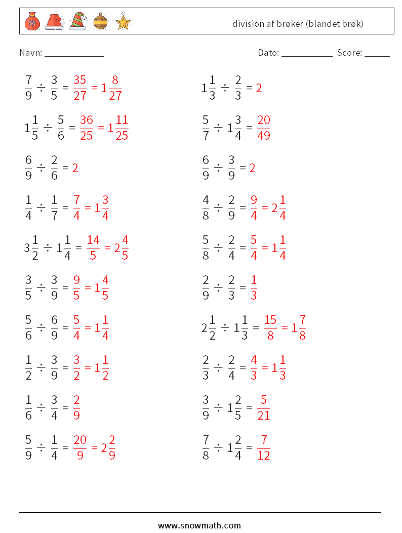 (20) division af brøker (blandet brøk) Matematiske regneark 2 Spørgsmål, svar