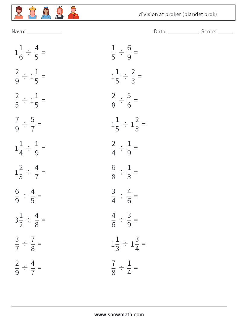 (20) division af brøker (blandet brøk) Matematiske regneark 3