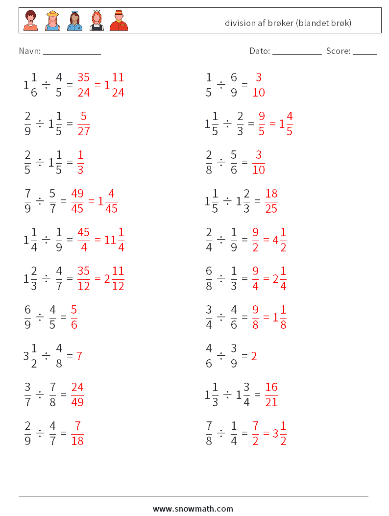 (20) division af brøker (blandet brøk) Matematiske regneark 3 Spørgsmål, svar