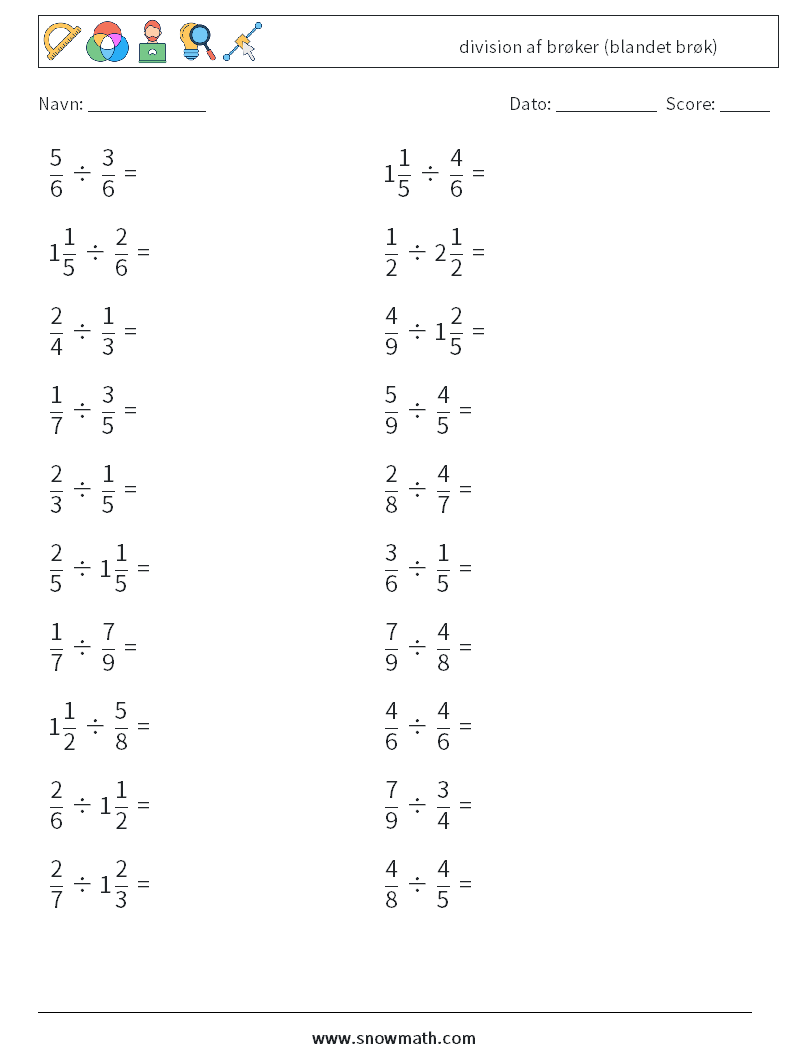 (20) division af brøker (blandet brøk) Matematiske regneark 4