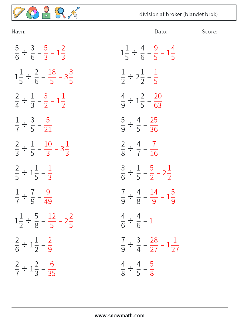 (20) division af brøker (blandet brøk) Matematiske regneark 4 Spørgsmål, svar