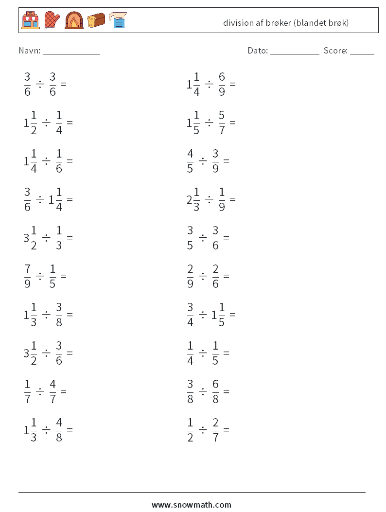 (20) division af brøker (blandet brøk) Matematiske regneark 5