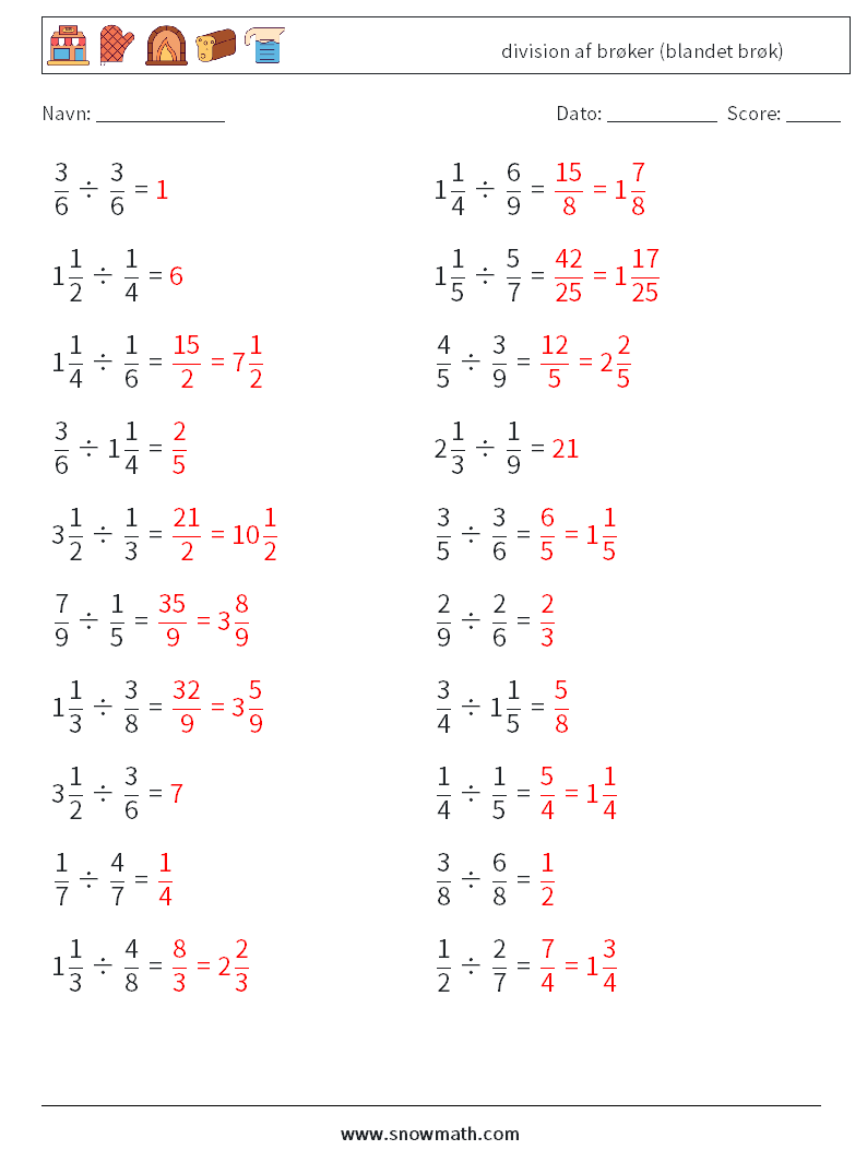 (20) division af brøker (blandet brøk) Matematiske regneark 5 Spørgsmål, svar