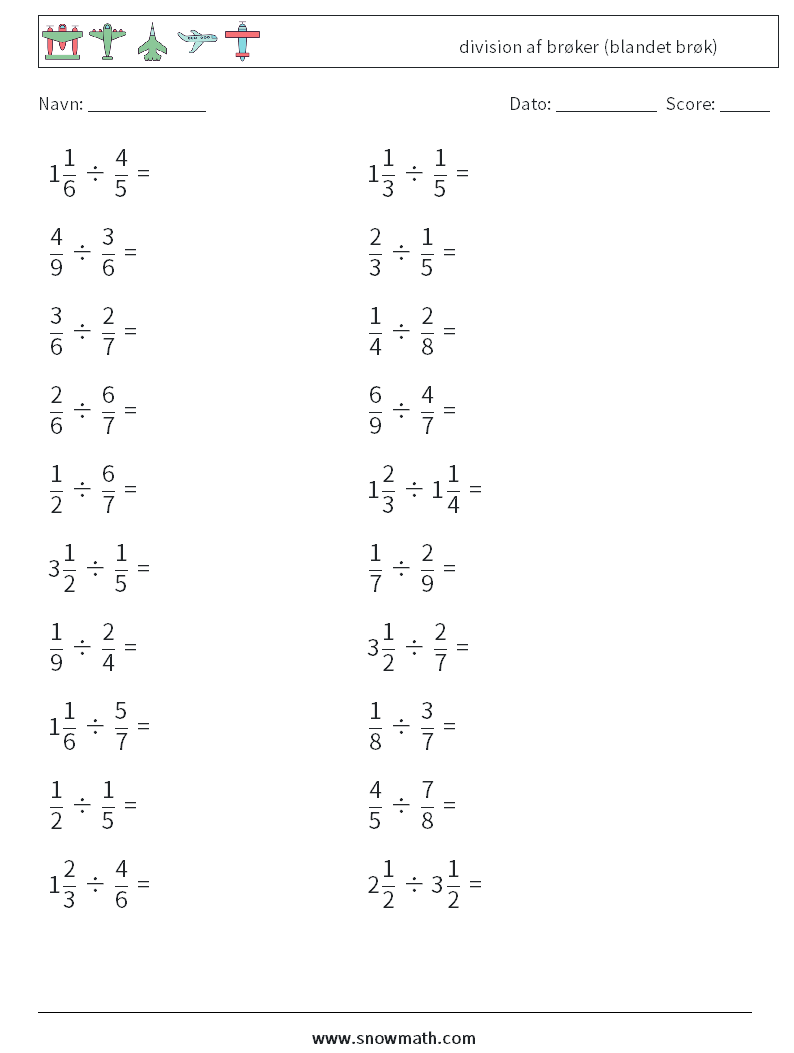 (20) division af brøker (blandet brøk) Matematiske regneark 6