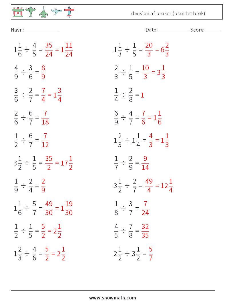 (20) division af brøker (blandet brøk) Matematiske regneark 6 Spørgsmål, svar